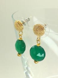 A pair of stud, drop earrings made from gold plated brass, featuring a round, faceted, Green Onyx gemstone.
